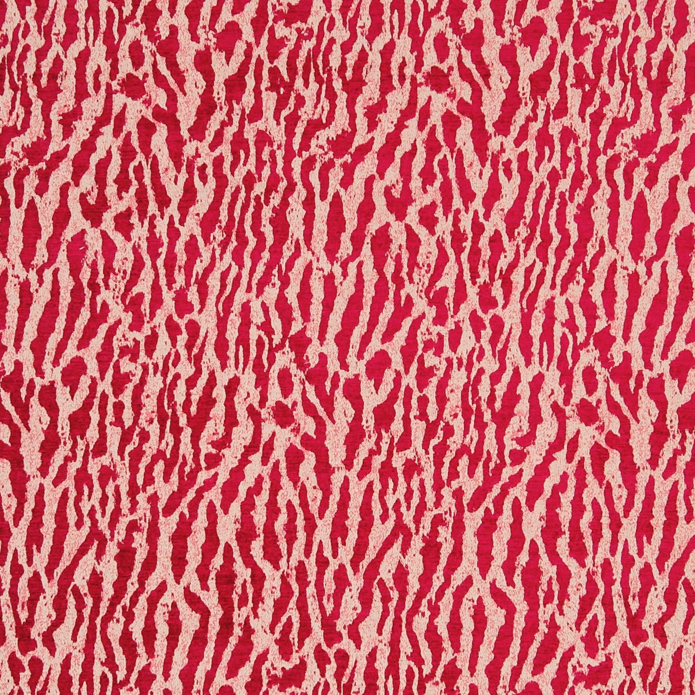 Close-up of crimson fabric with irregular ivory vertical striations and textured surface