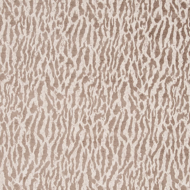 Warm taupe upholstery fabric with cream irregular vertical streaks and tactile woven texture