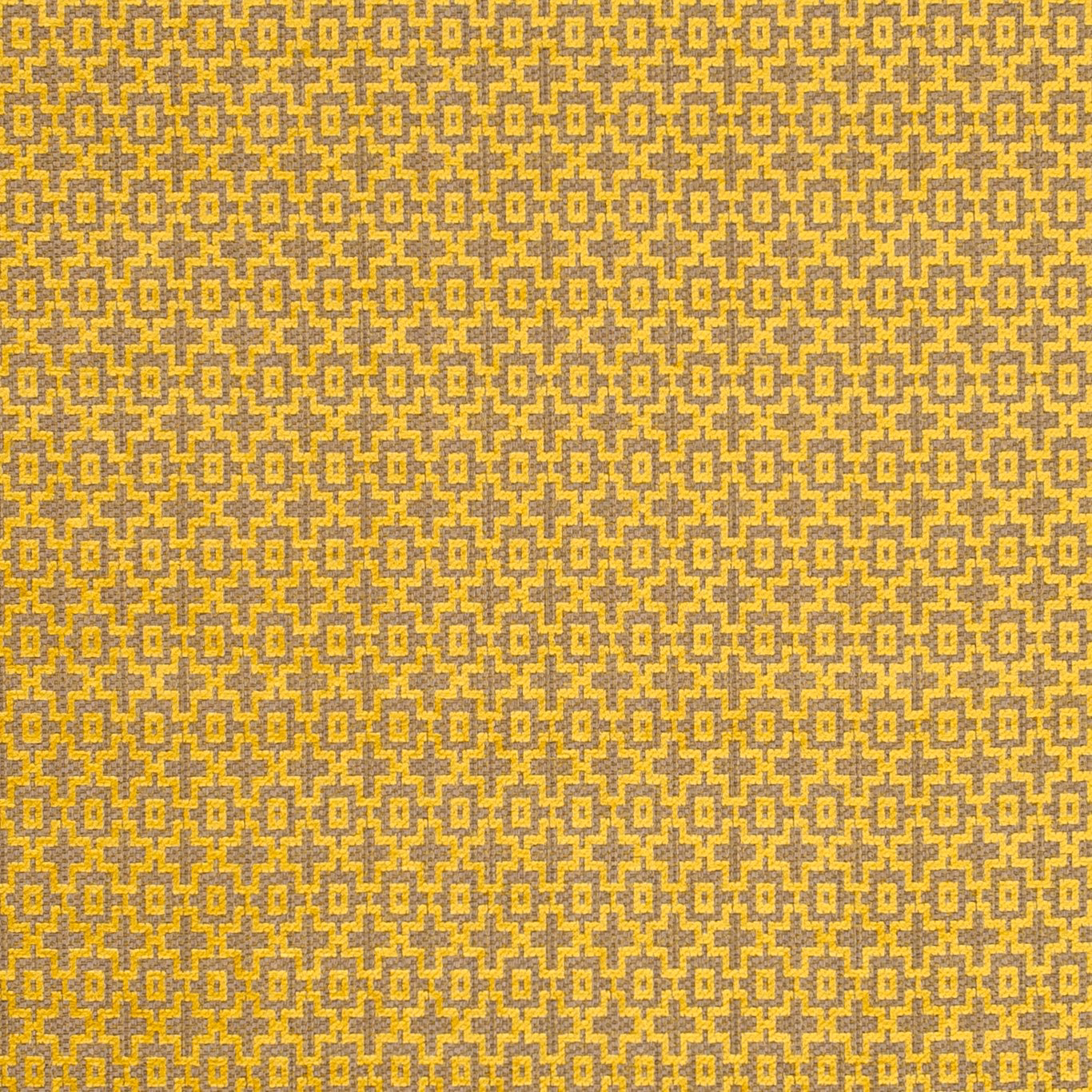 Citrus yellow geometric lattice woven over a warm taupe-grey textured ground