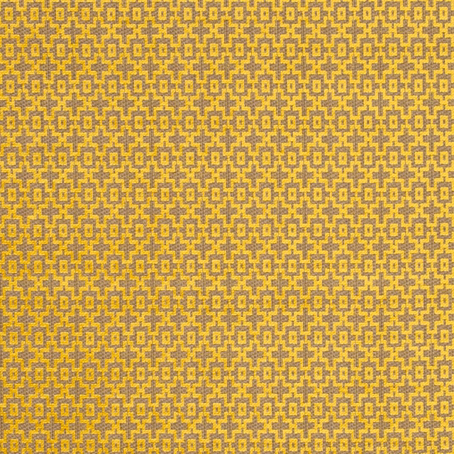 Citrus yellow geometric lattice woven over a warm taupe-grey textured ground