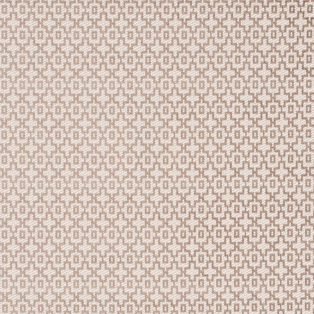 Warm taupe and ivory woven fabric with a small interlocking geometric lattice