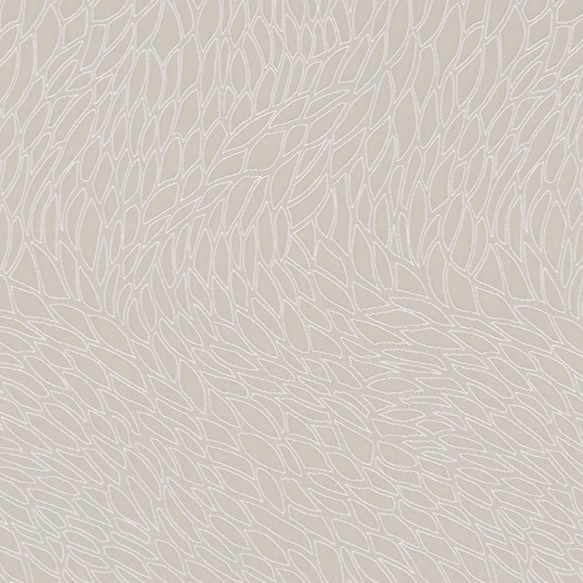 Pale champagne fabric with fine white interlocking leaf outlines and subtle woven texture