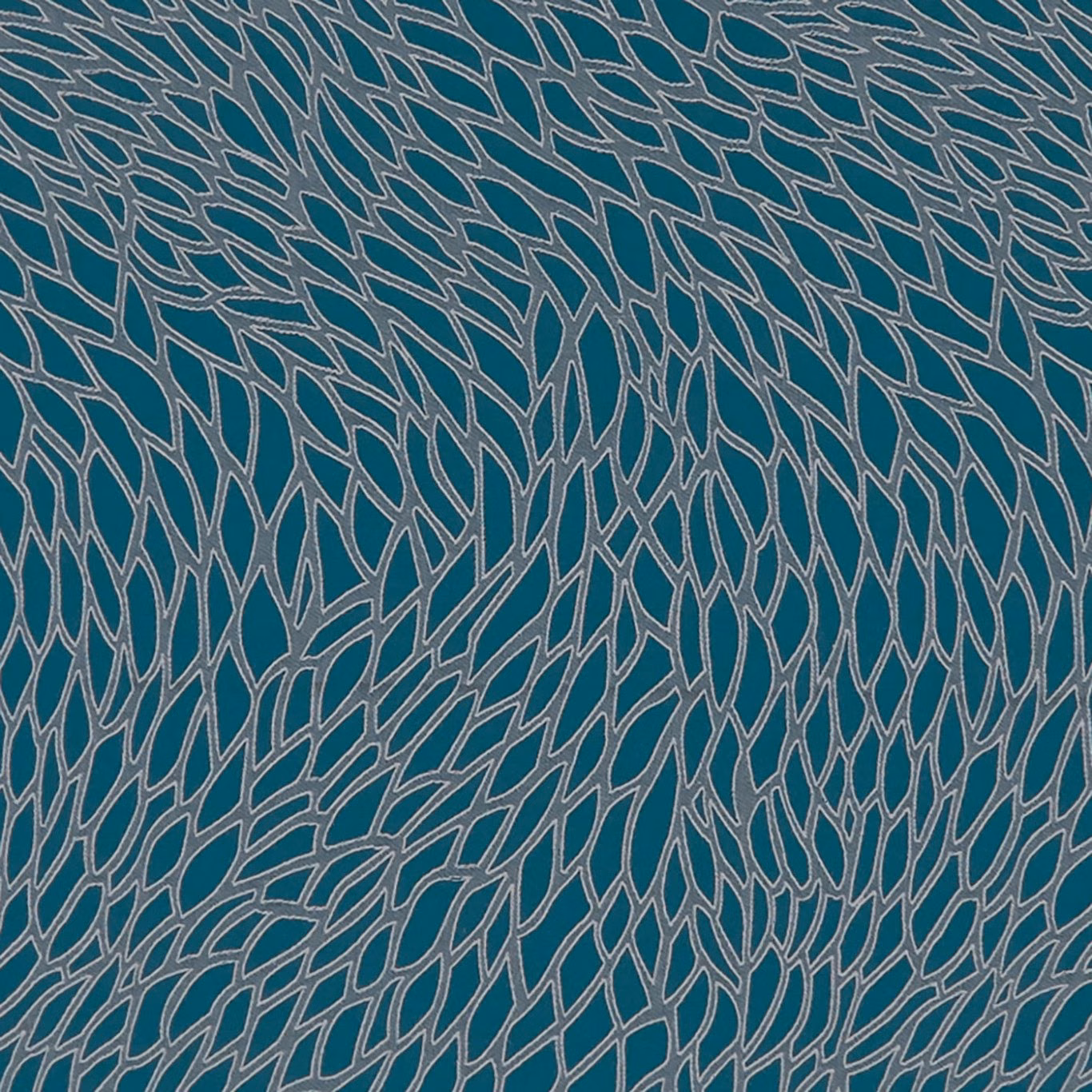Deep teal fabric with dense silver-grey branching leaf outlines and woven texture