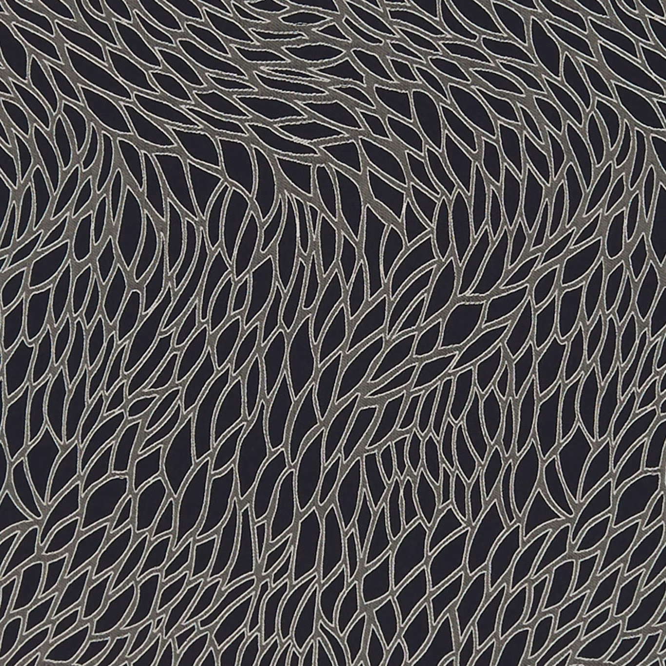 Charcoal-black woven fabric with dense pale grey outlined leaf tracery