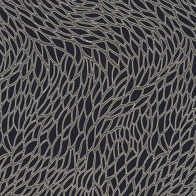 Charcoal-black woven fabric with dense pale grey outlined leaf tracery