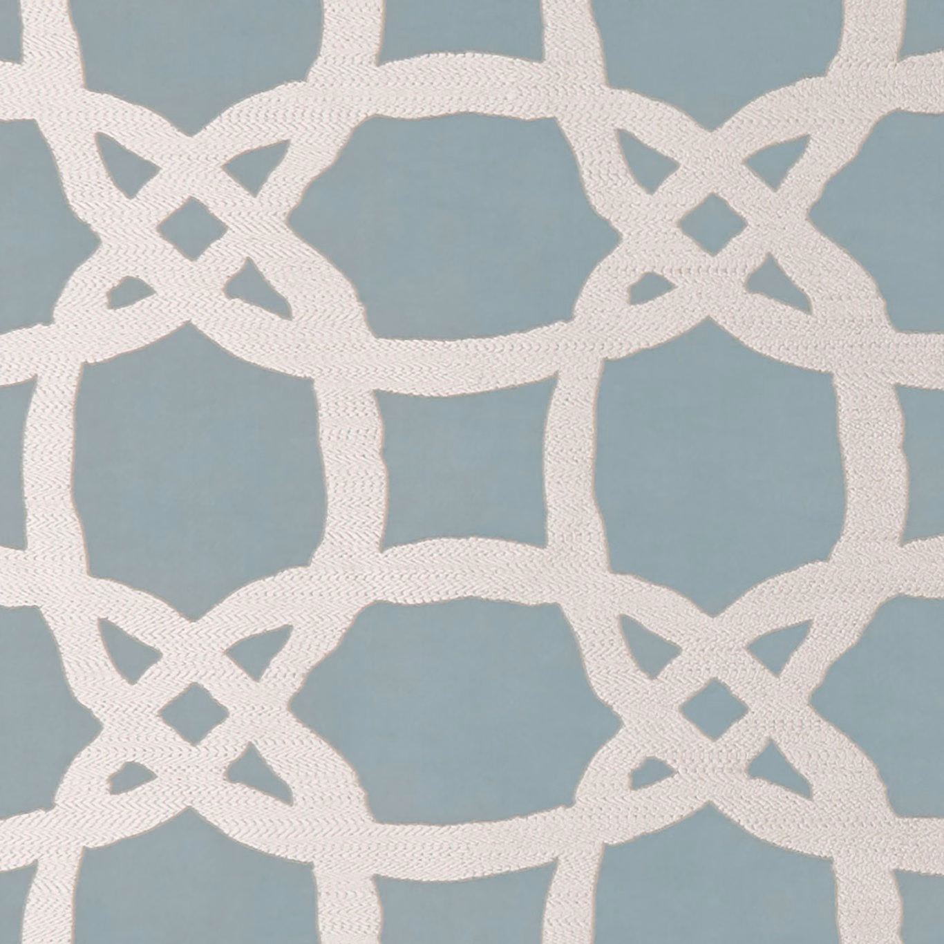 Cool blue-grey woven fabric with ivory interlocking lattice and diamond details