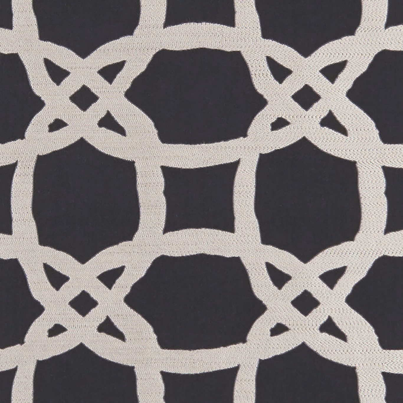 Charcoal and ivory woven geometric lattice with interlocking loops and angular diamonds