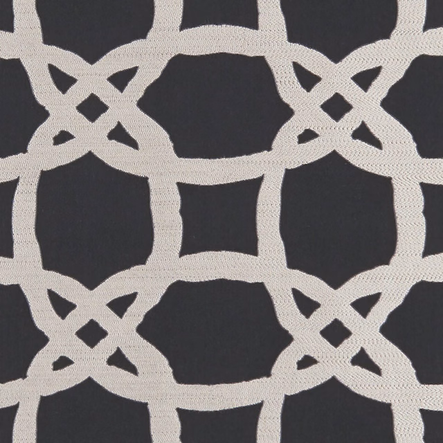 Charcoal and ivory woven geometric lattice with interlocking loops and angular diamonds