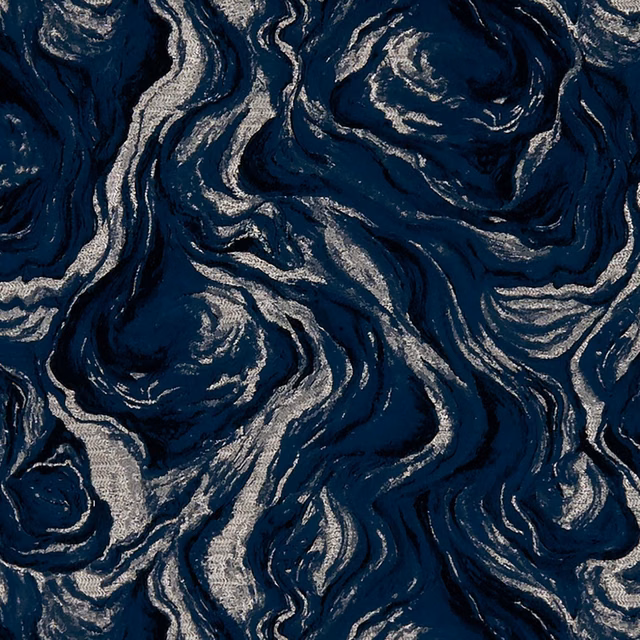 Midnight navy textile with swirling silver-grey marbled bands and tactile woven texture
