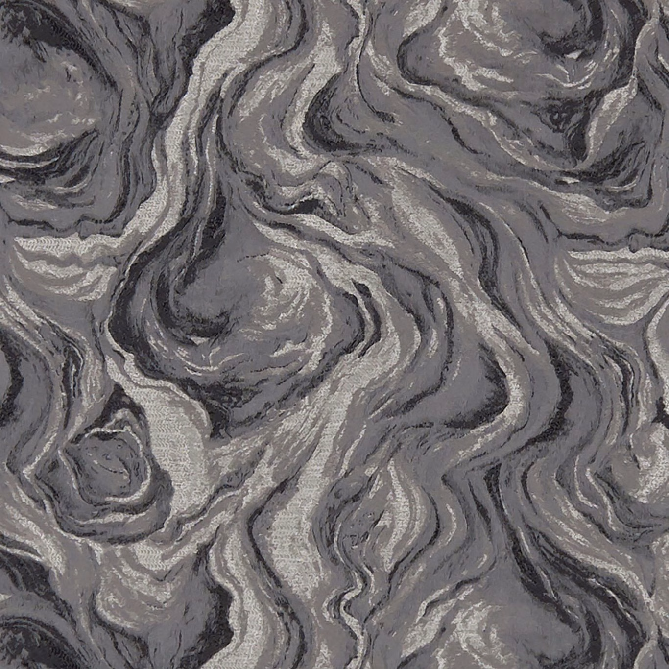 Charcoal and silver-grey fabric with swirling marbled woven forms and dark graphite accents