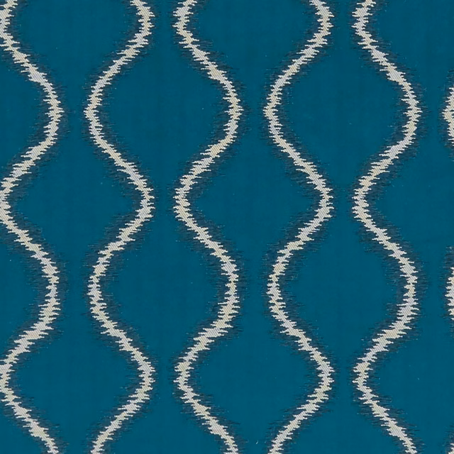 Deep kingfisher teal fabric with ivory irregular vertical waves and tactile woven texture