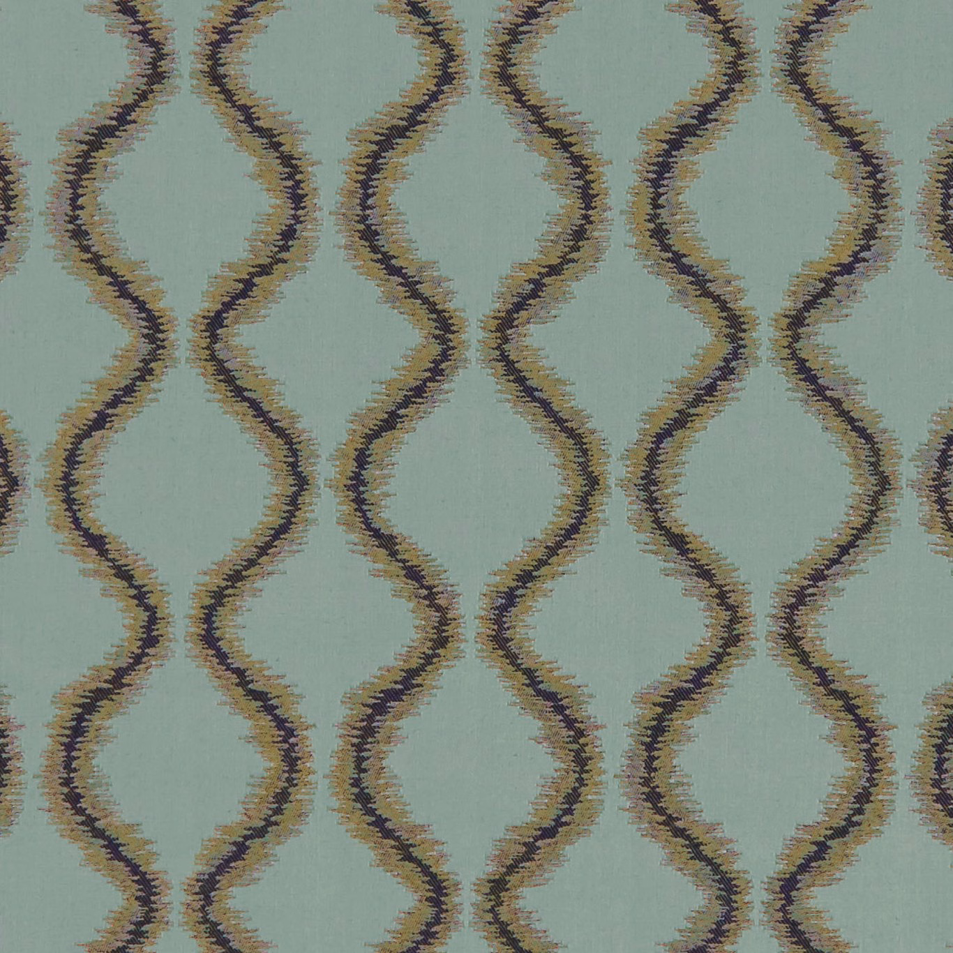 Mineral aqua woven fabric with dark wavy bands and softly frayed tonal edges