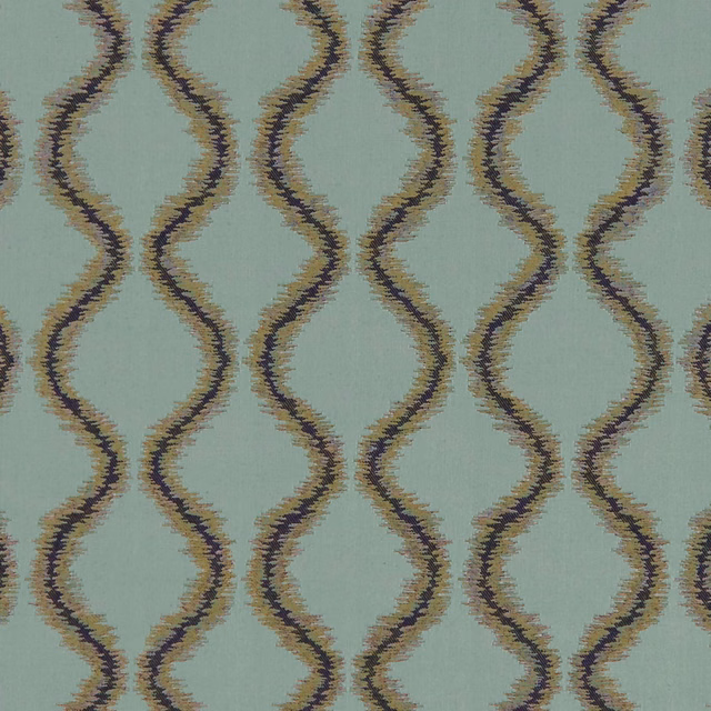 Mineral aqua woven fabric with dark wavy bands and softly frayed tonal edges