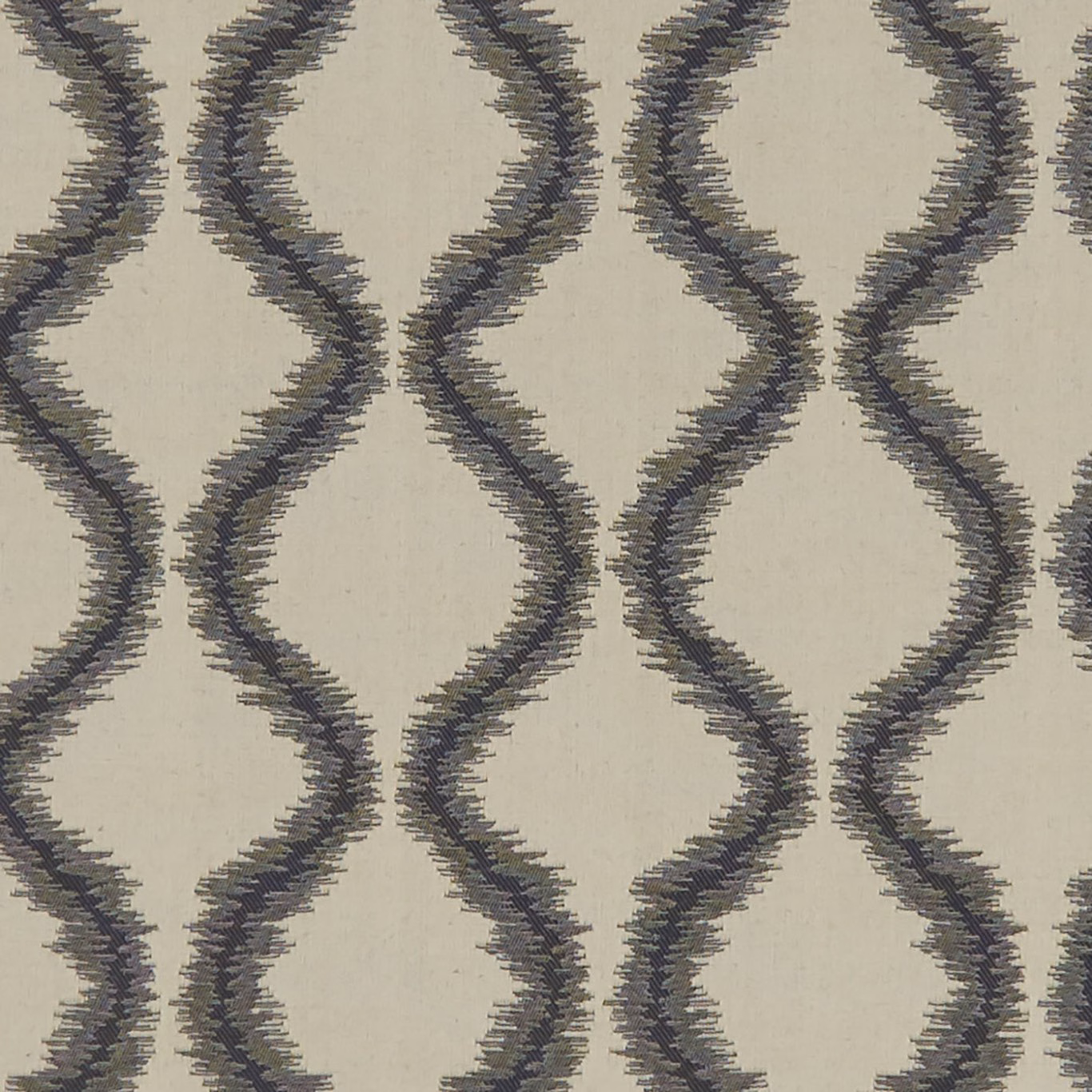 Warm ivory textile with charcoal-grey undulating bands and a visibly textured weave