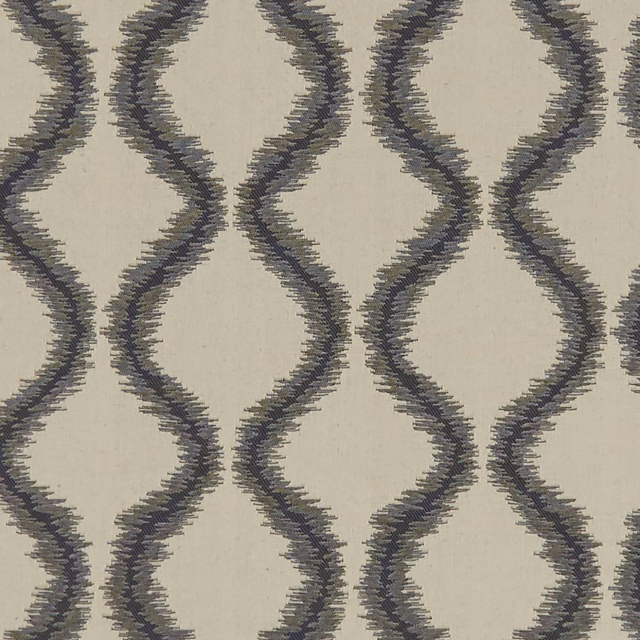 Warm ivory textile with charcoal-grey undulating bands and a visibly textured weave