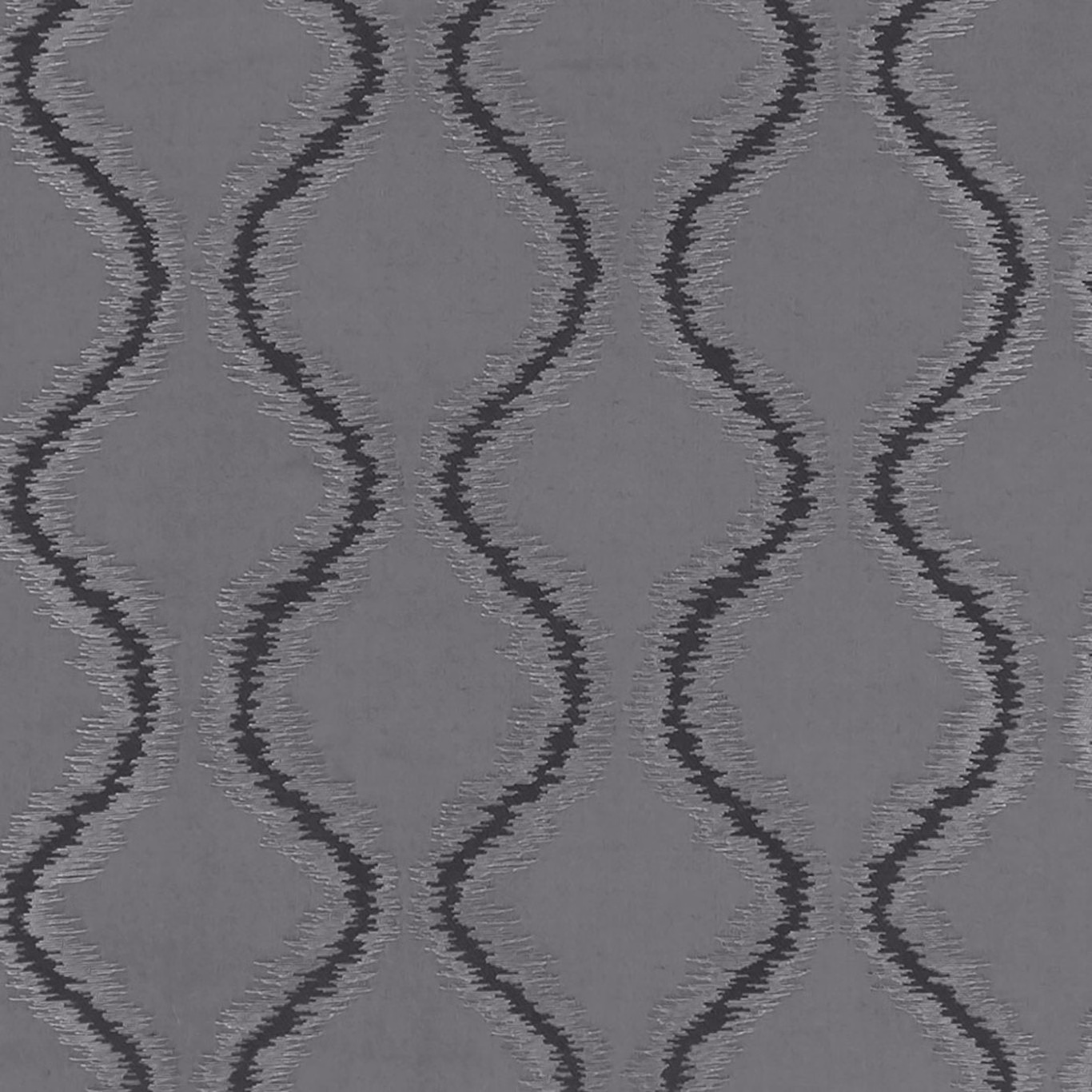 Cool pewter-grey woven ground with charcoal undulating vertical bands and subtle raised texture