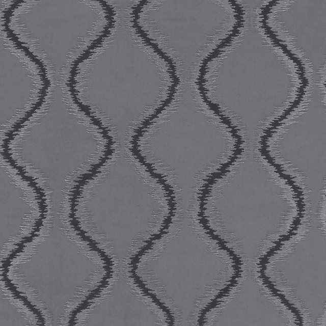 Cool pewter-grey woven ground with charcoal undulating vertical bands and subtle raised texture