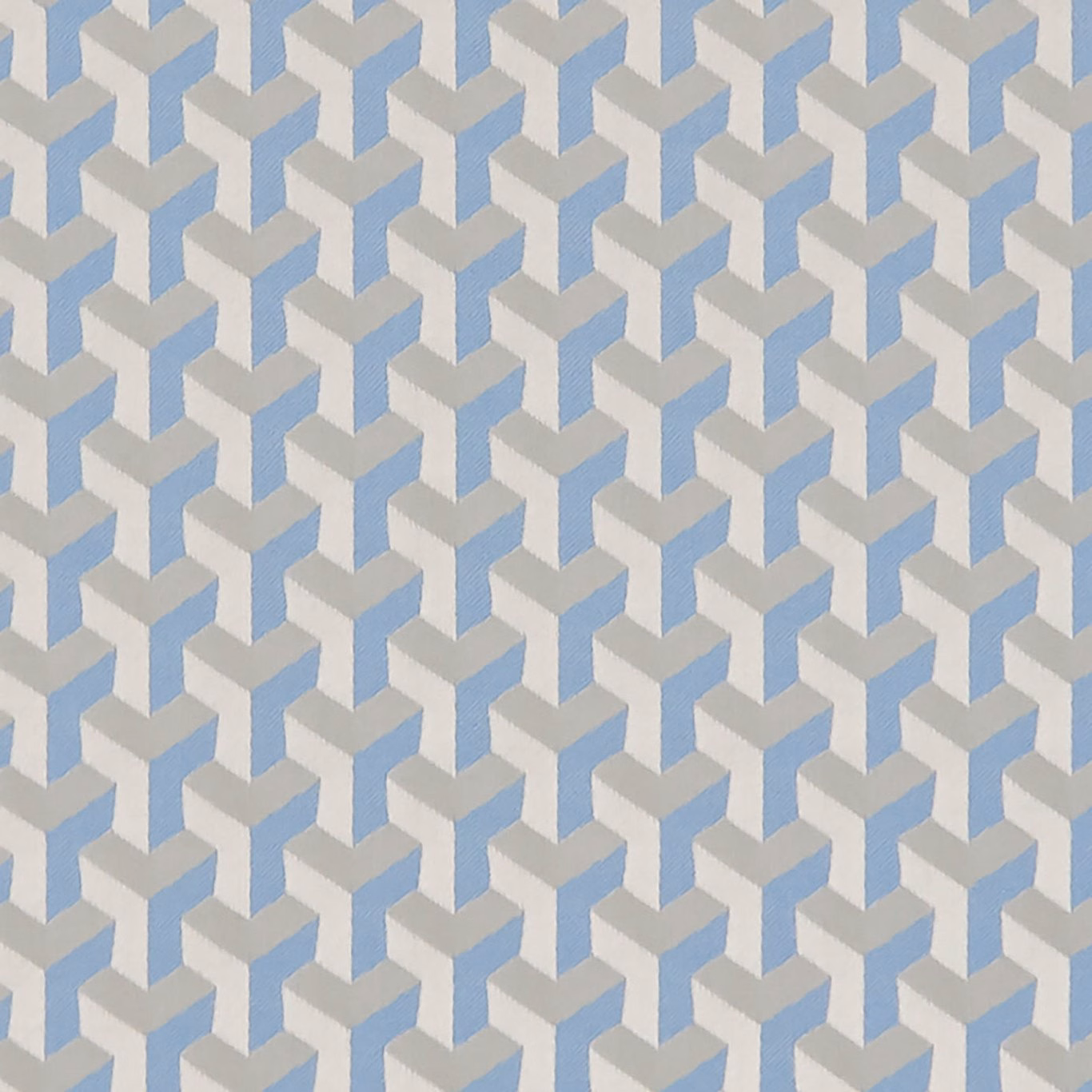 Pale mineral blue woven ground with repeating ivory angular lattice motif