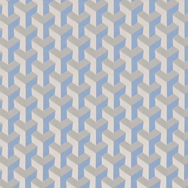 Pale mineral blue woven ground with repeating ivory angular lattice motif