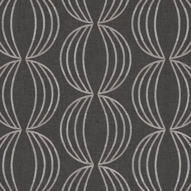 Charcoal woven fabric with pale dusty rose looping oval line motifs