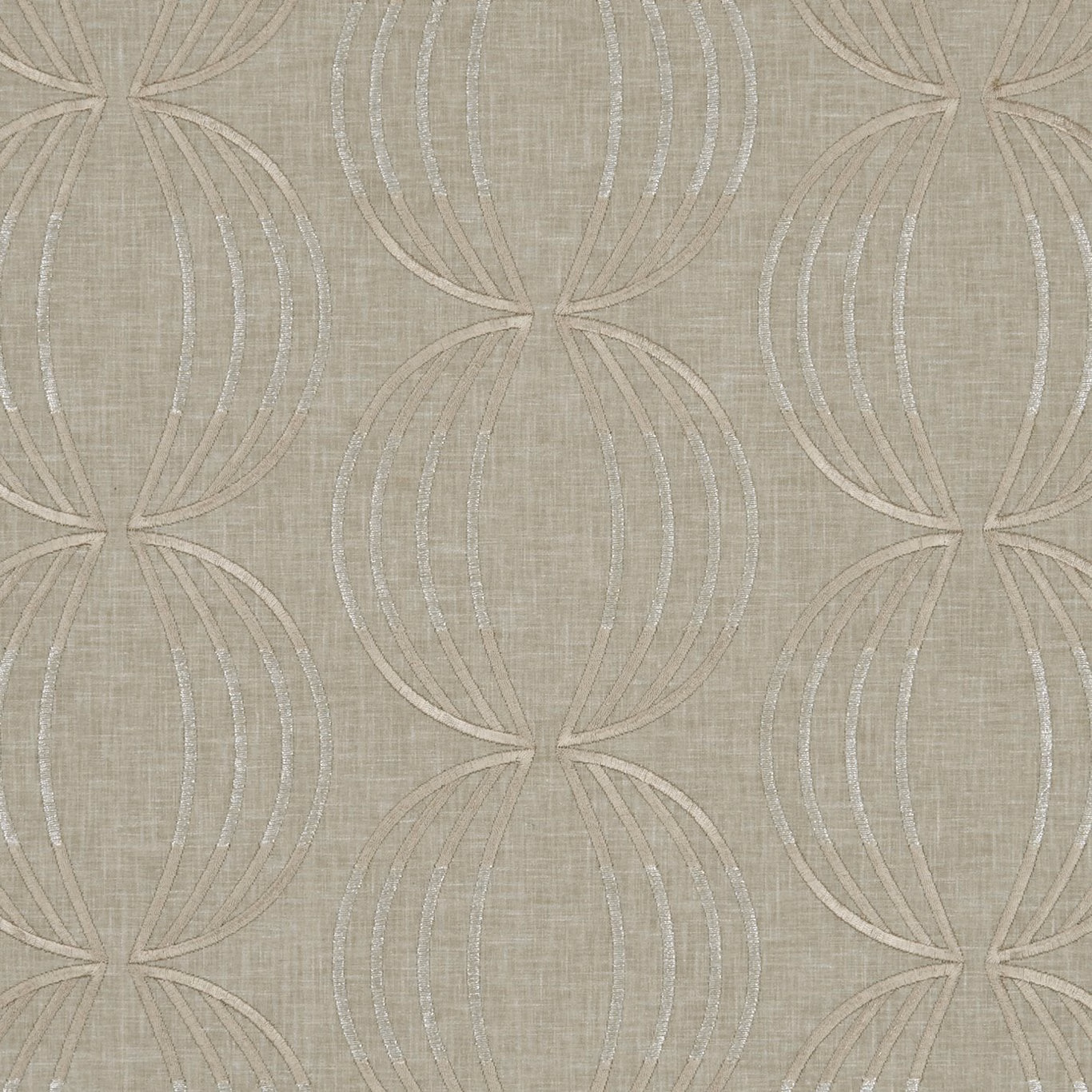 Warm taupe woven ground with blush and blue-grey looping motifs