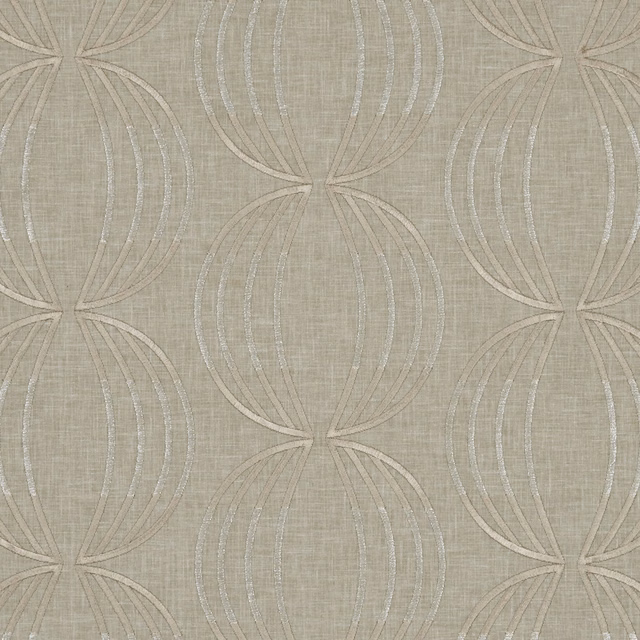 Warm taupe woven ground with blush and blue-grey looping motifs