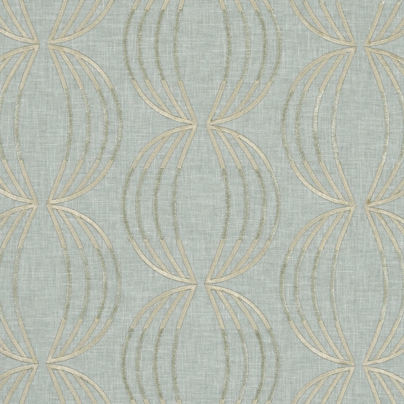 Mineral blue-green fabric with taupe looping geometric motifs and a softly crosswoven texture