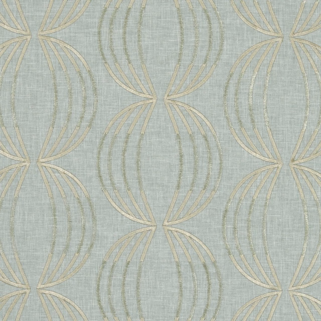 Mineral blue-green fabric with taupe looping geometric motifs and a softly crosswoven texture