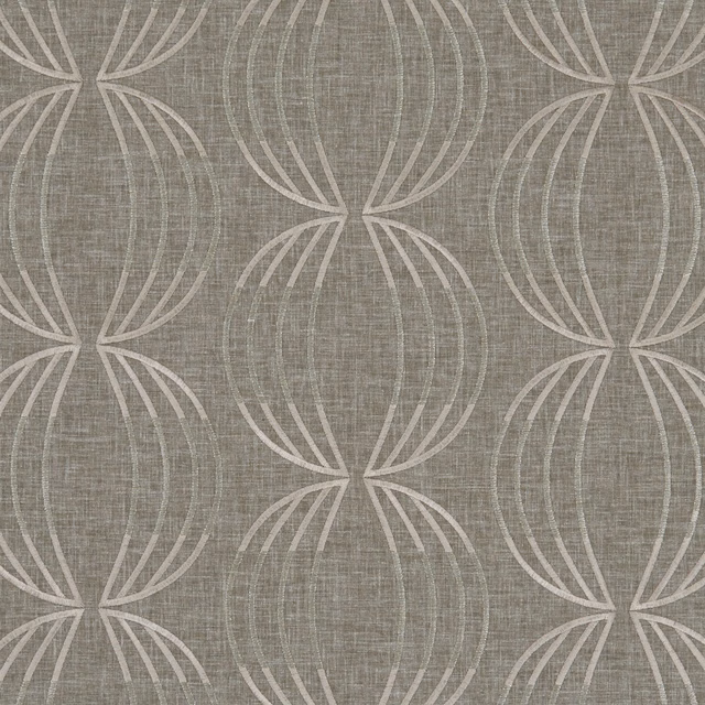 Rose-mocha taupe woven ground with pale looping fan motifs and slub texture