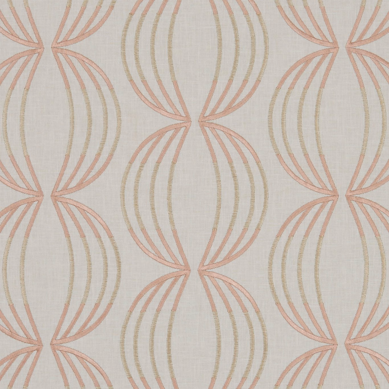 Ivory woven fabric with blush rose and muted gold looping oval motifs
