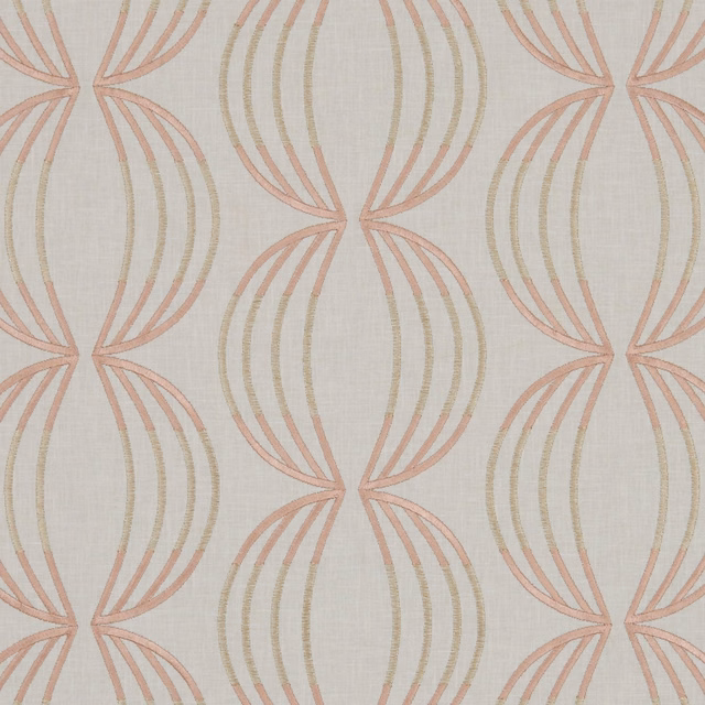 Ivory woven fabric with blush rose and muted gold looping oval motifs