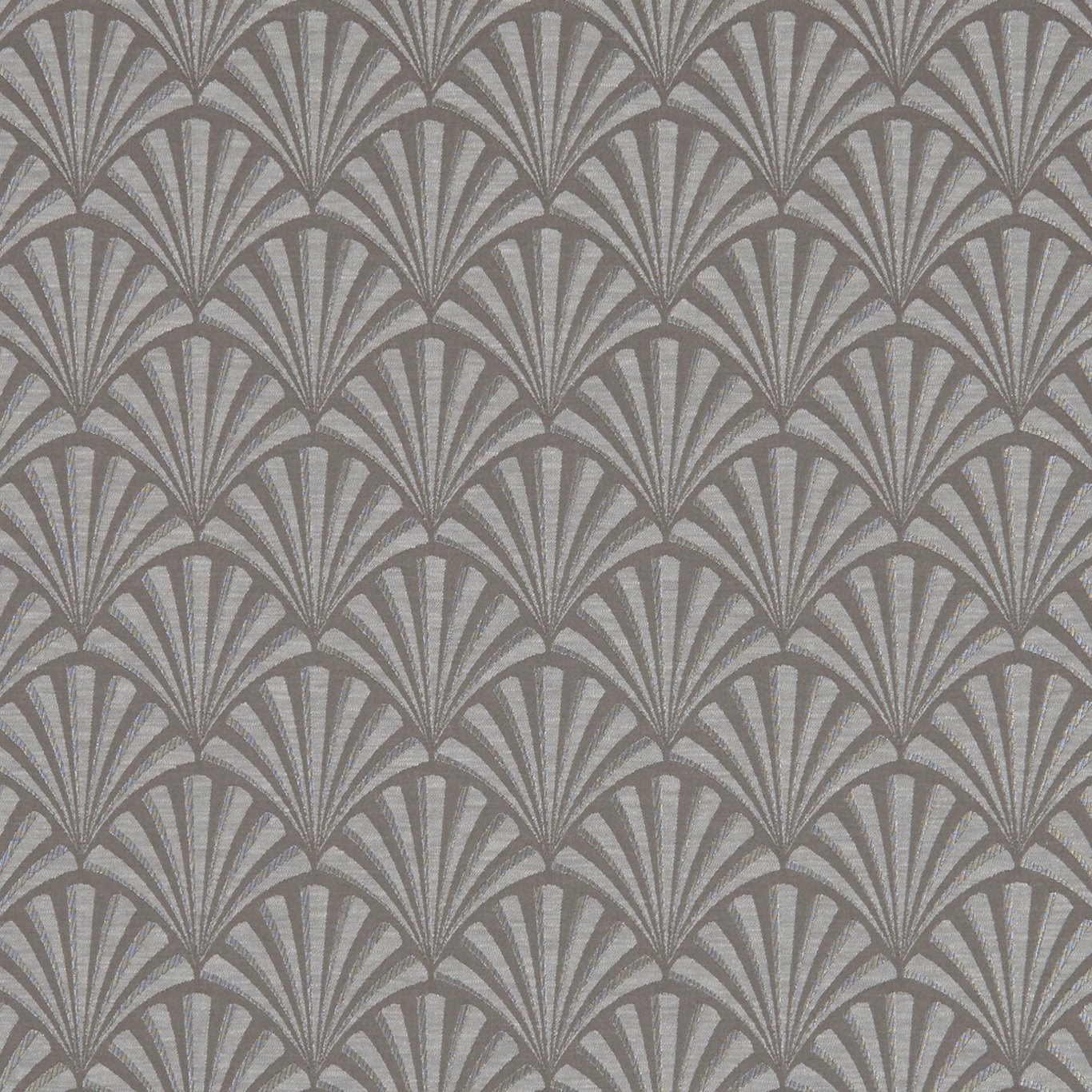Charcoal grey woven fabric with repeating silver fan motifs and textured ribs