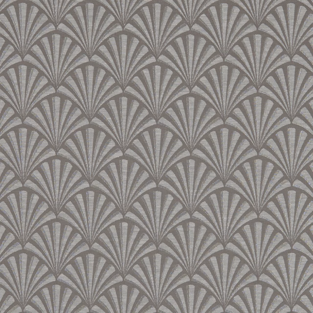 Charcoal grey woven fabric with repeating silver fan motifs and textured ribs