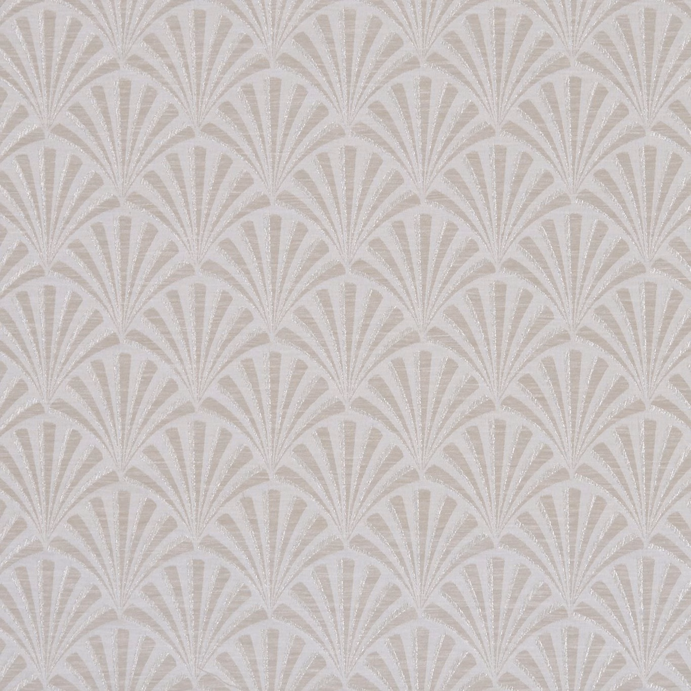 Warm ivory fabric with pale taupe fan motifs and a softly textured weave