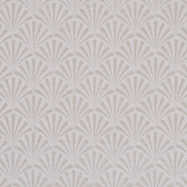 Warm ivory fabric with pale taupe fan motifs and a softly textured weave
