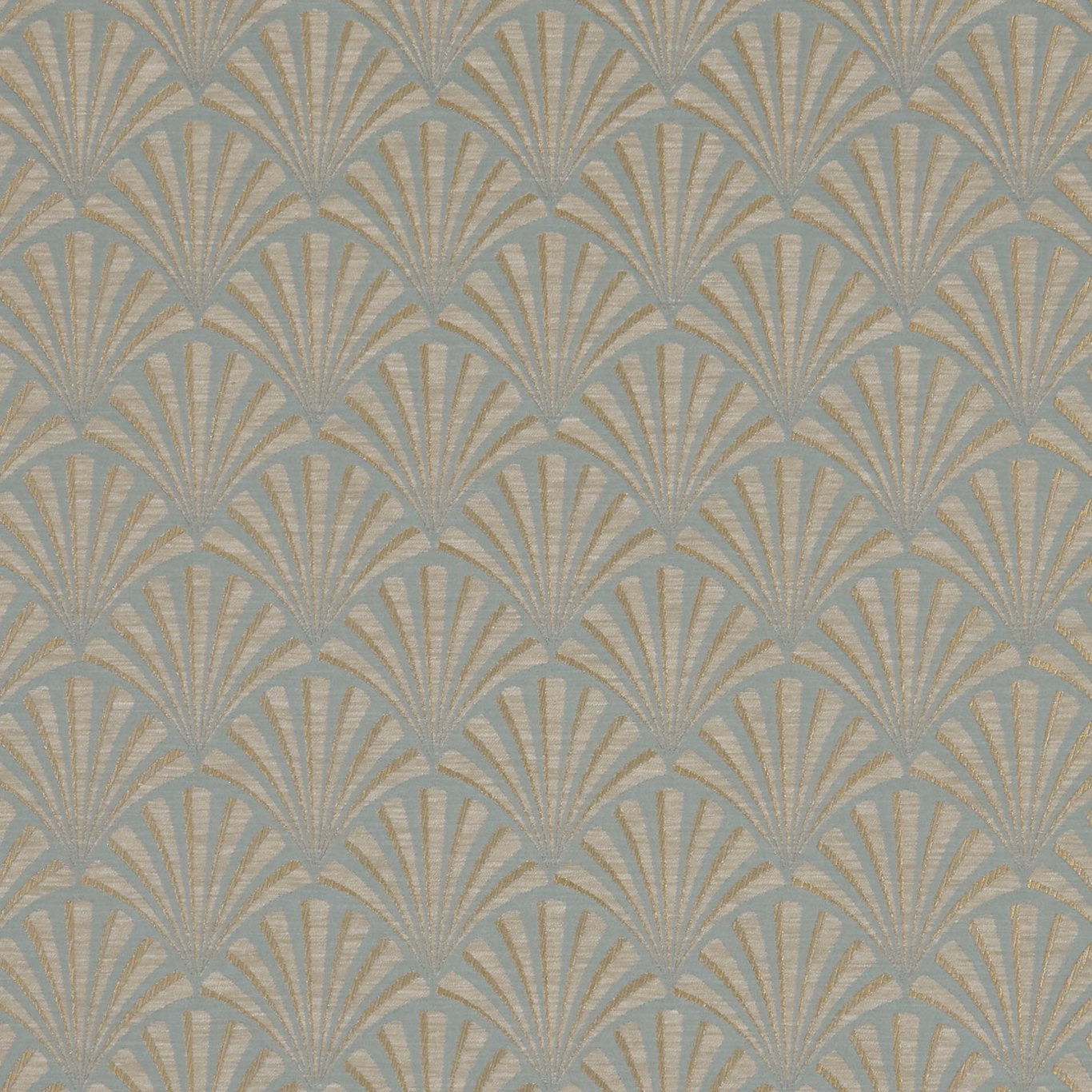 Cool mineral blue-grey fabric with repeated taupe Art Deco fan motifs