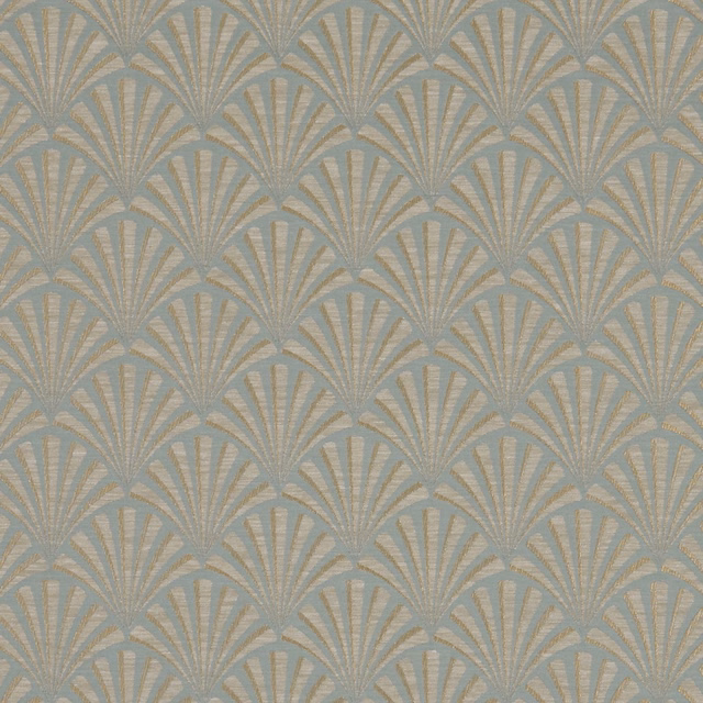 Cool mineral blue-grey fabric with repeated taupe Art Deco fan motifs