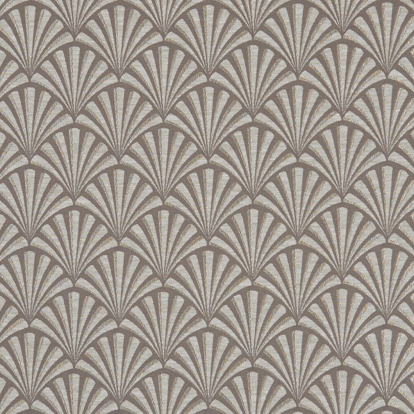 Warm mocha taupe fabric with repeating pale Art Deco fan motifs and woven texture