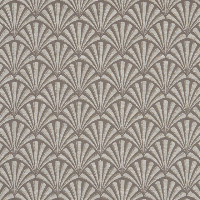 Warm mocha taupe fabric with repeating pale Art Deco fan motifs and woven texture