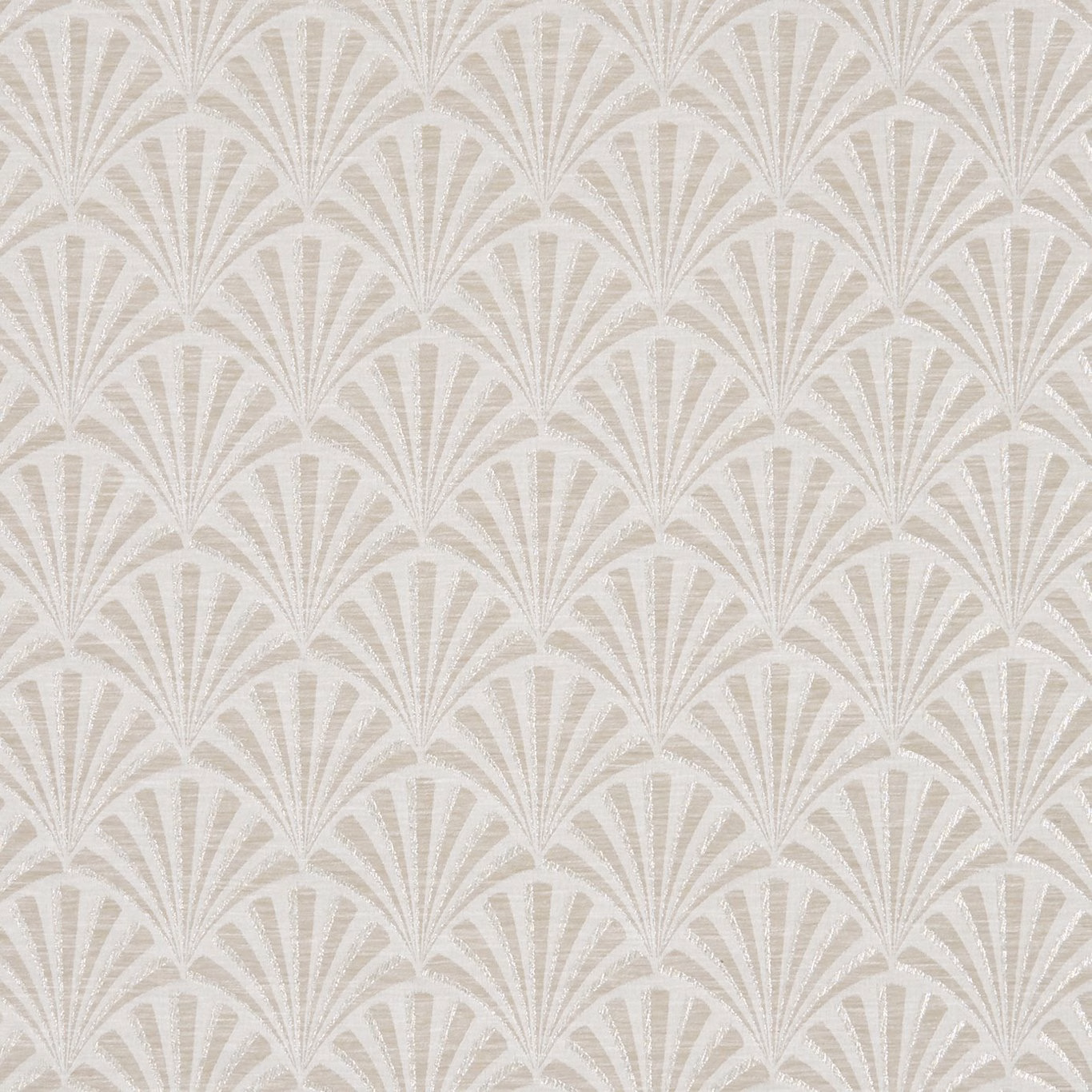 Warm greige textile with repeating ivory Art Deco fan motifs and subtle woven texture