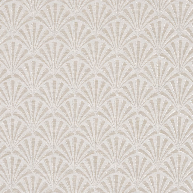 Warm greige textile with repeating ivory Art Deco fan motifs and subtle woven texture