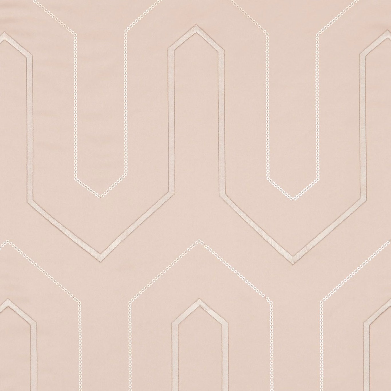 Dusty blush fabric with pale stepped arch outlines and fine dotted geometric edging
