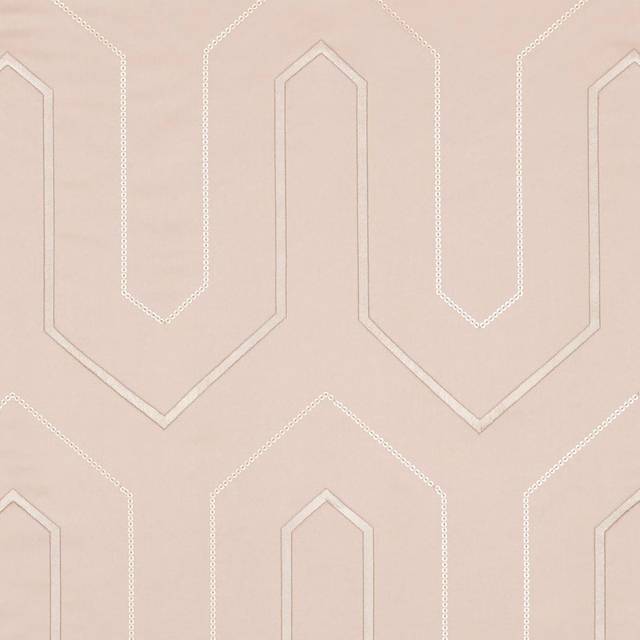 Dusty blush fabric with pale stepped arch outlines and fine dotted geometric edging