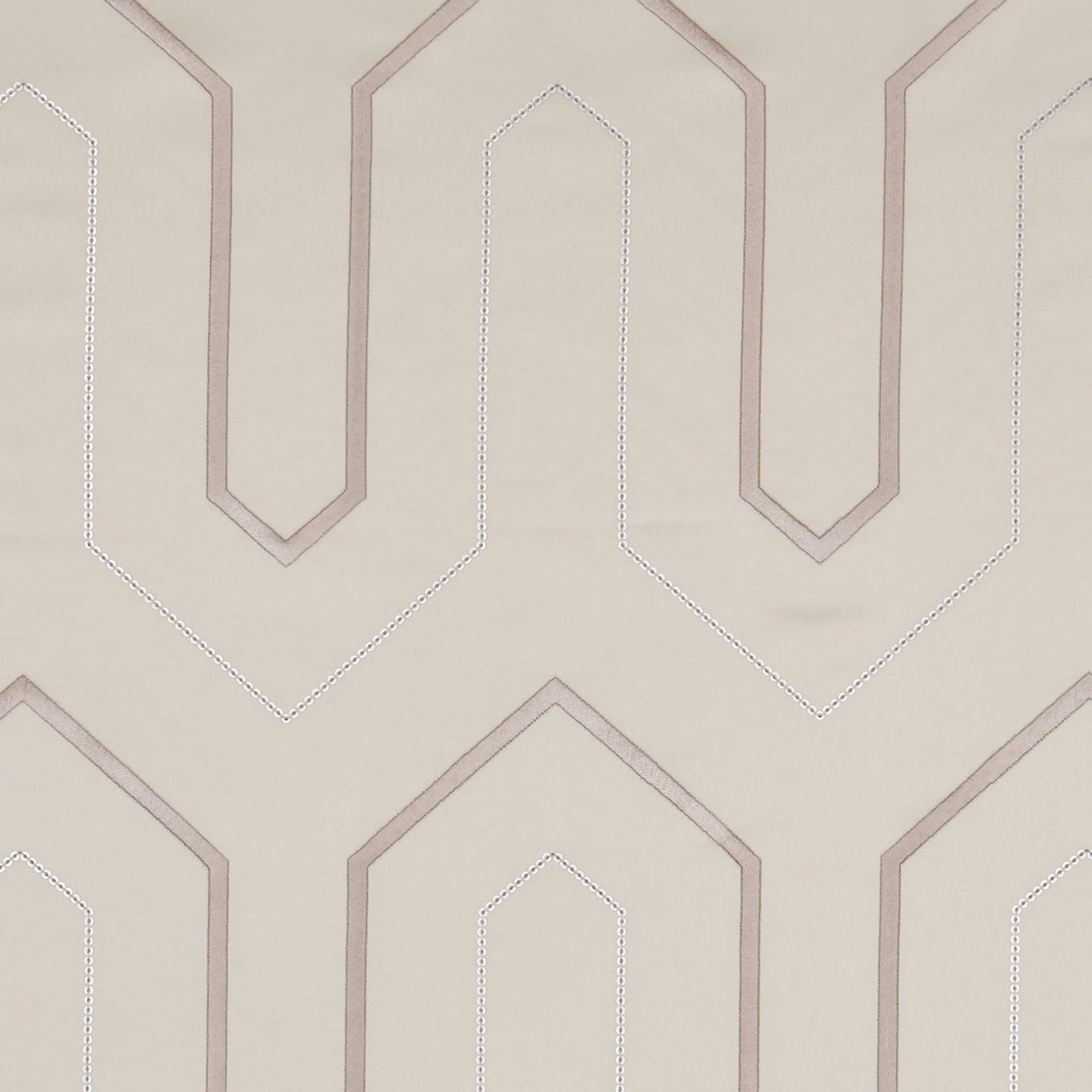Ivory geometric fabric with taupe angular outlines and fine dotted inner motifs