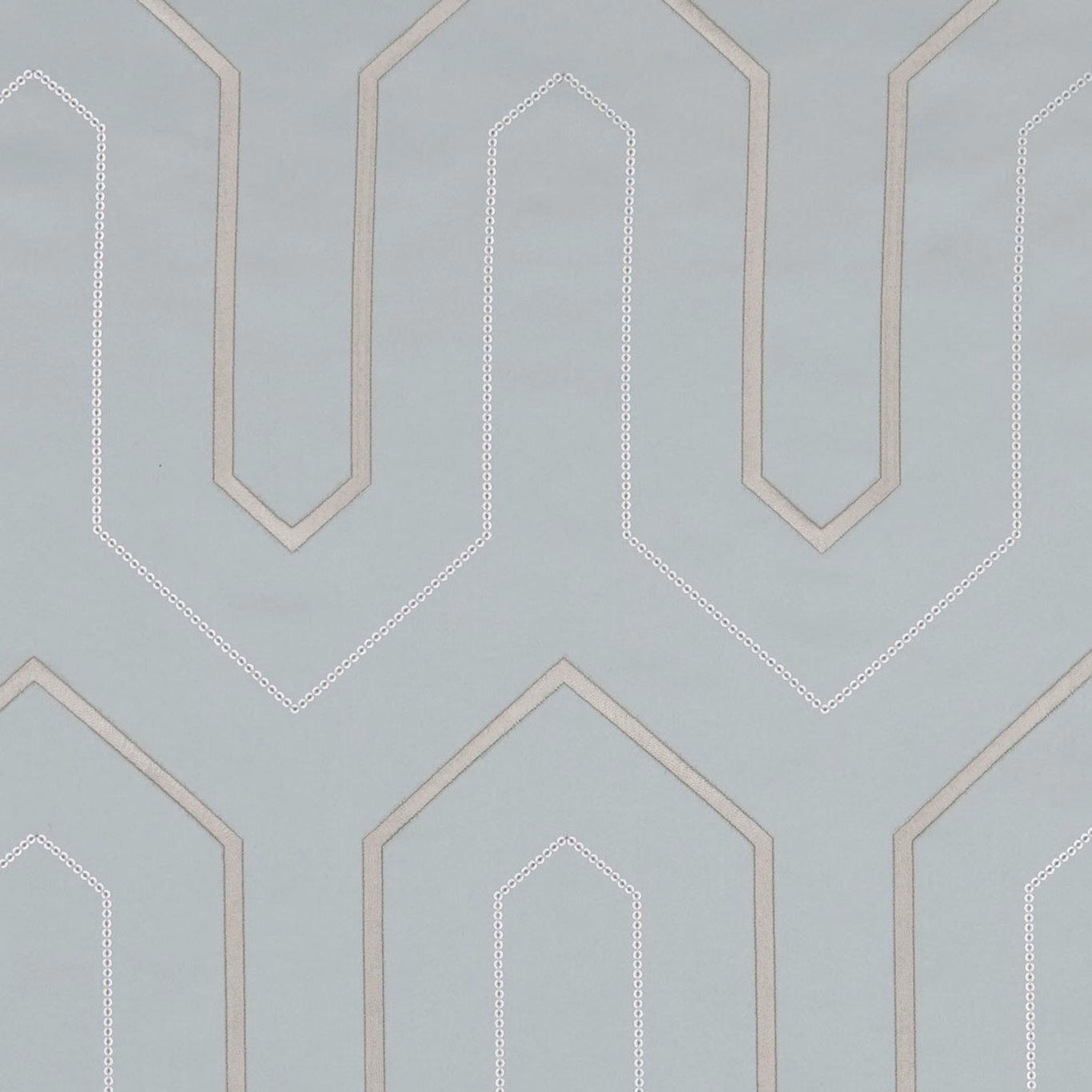 Pale mineral blue-grey fabric with angular ivory loop lines and subtle woven texture