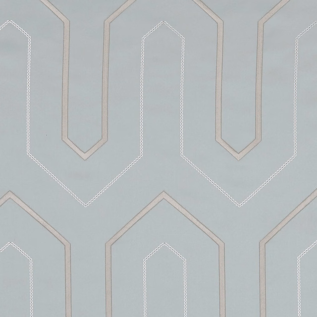 Pale mineral blue-grey fabric with angular ivory loop lines and subtle woven texture