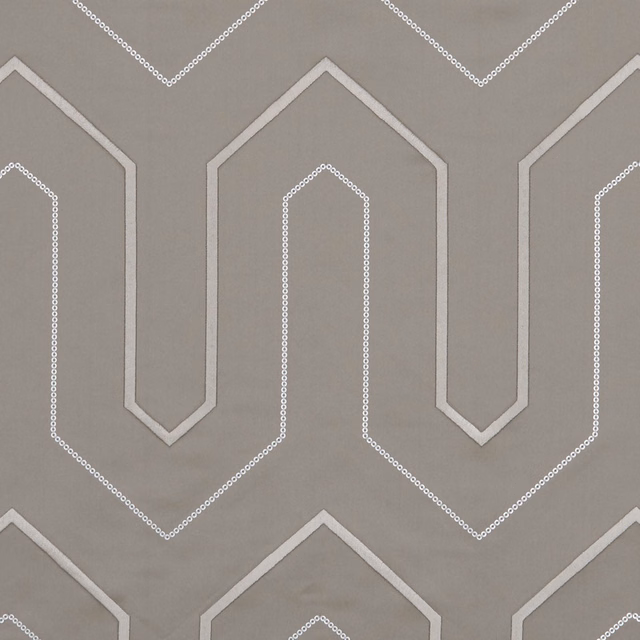 Warm mocha taupe fabric with ivory angular arches and delicate dotted outlines