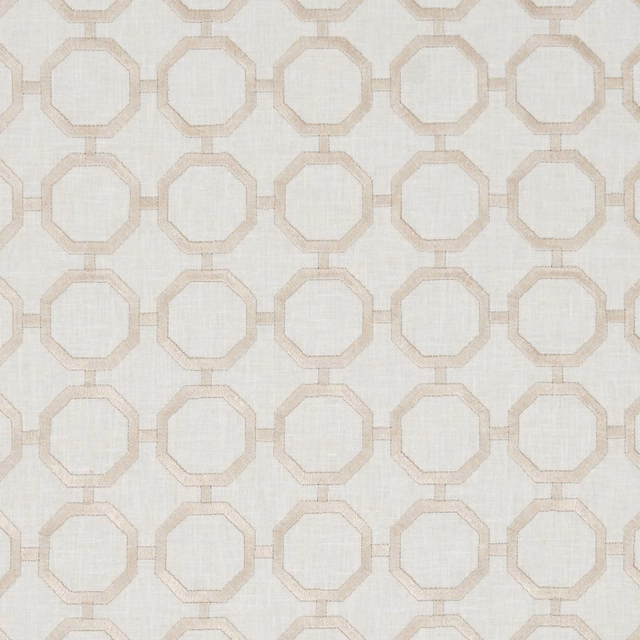 Soft ivory woven fabric with taupe octagonal lattice and subtle crosshatch texture