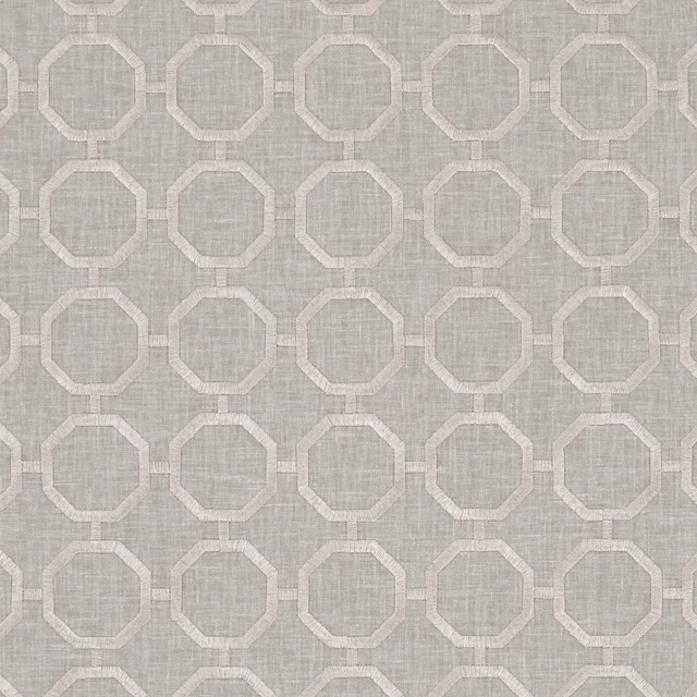Soft pebble taupe woven fabric with pale cream octagonal lattice and fine crosshatch texture