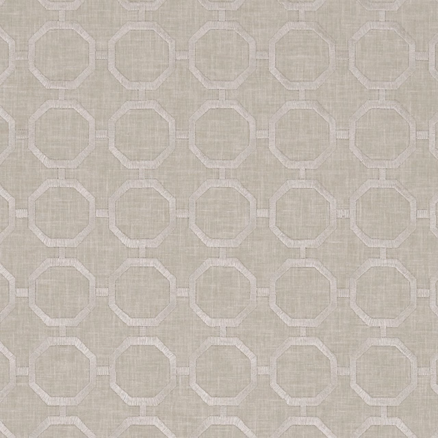 Warm sand woven fabric with ivory clipped-octagon lattice and subtle vertical texture